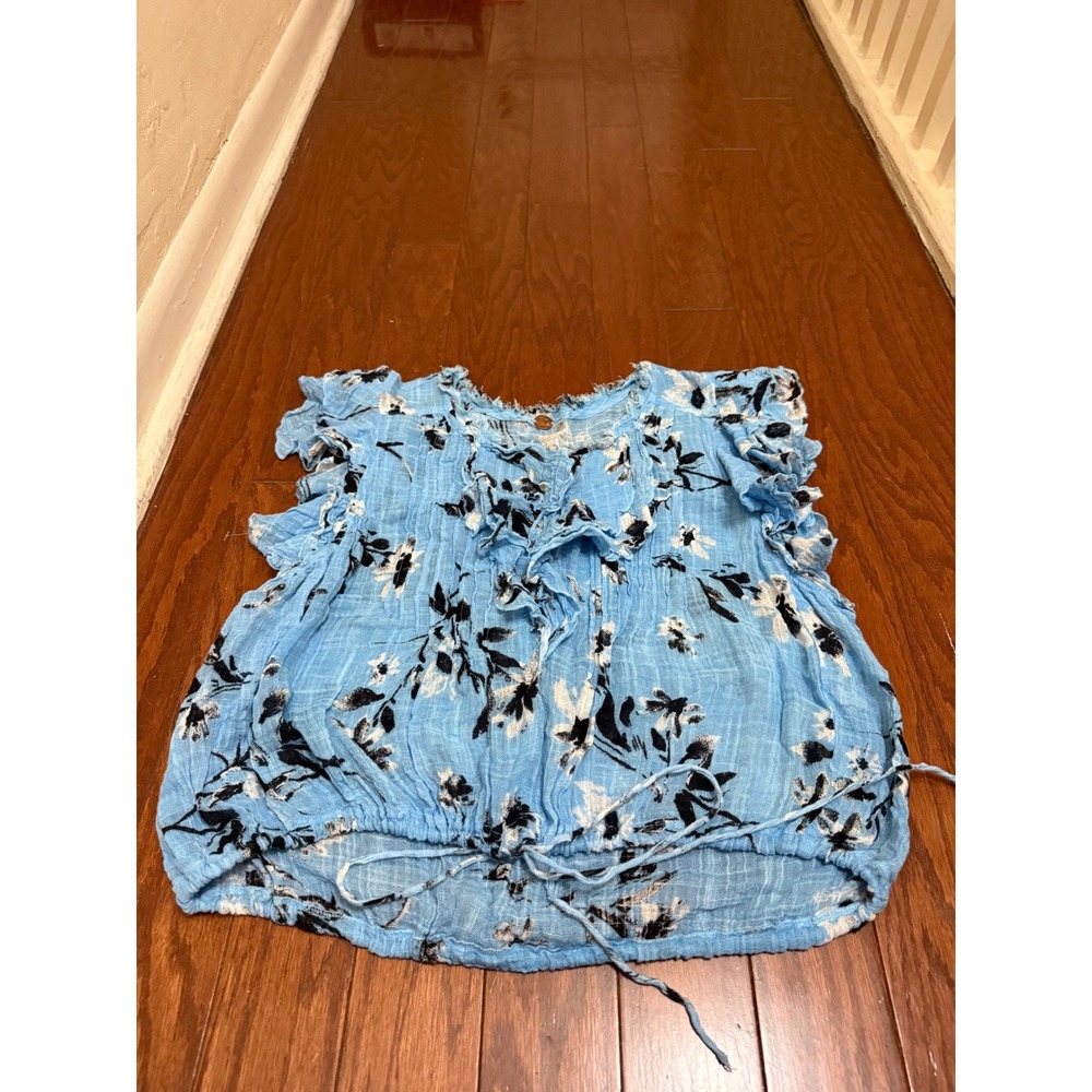 Free People FP One Blue Floral Gauze Ruffle Drawstring Blouse Top Small